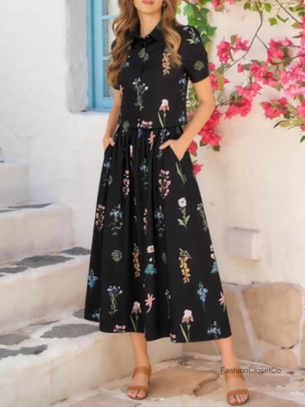 Womens 2 Piece Floral Skirt Set Puff Sleeve Blouse Elastic Waist Matching - Picture 4 of 6